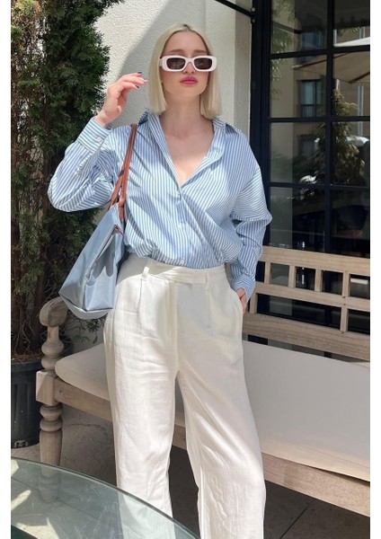 Kadın Oversize Çizgili Keten Karışımlı Gömlek