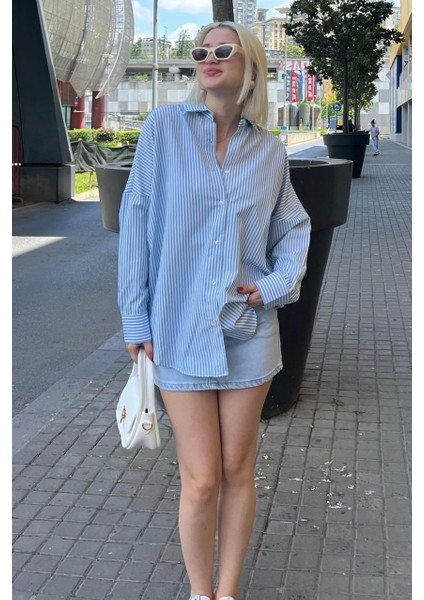Kadın Oversize Çizgili Keten Karışımlı Gömlek