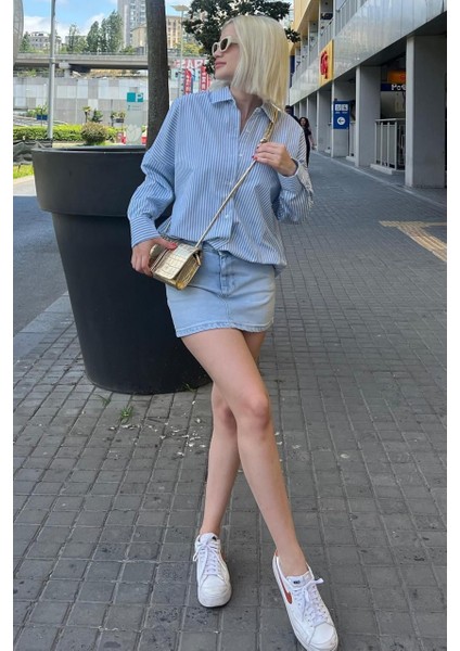 Kadın Oversize Çizgili Keten Karışımlı Gömlek
