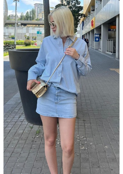 Kadın Oversize Çizgili Keten Karışımlı Gömlek