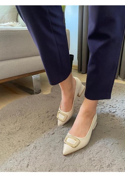 Kadın Pita Krem Deri Tokalı Stiletto Alcak Ökçe Abiye Ayakkabı