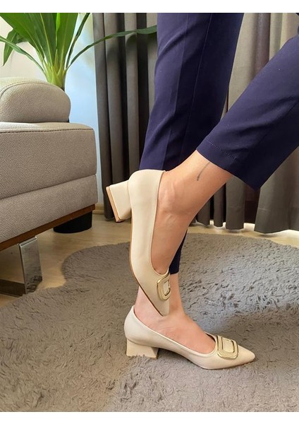 Kadın Pita Krem Deri Tokalı Stiletto Alcak Ökçe Abiye Ayakkabı
