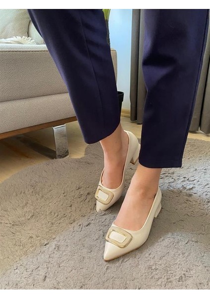Kadın Pita Krem Deri Tokalı Stiletto Alcak Ökçe Abiye Ayakkabı