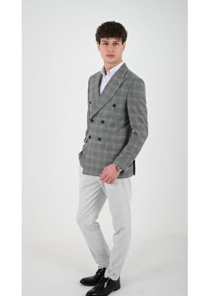 Slimfit Erkek Kruvaze Ceket Sivri Yaka Drop 6 Dokuma Kumaş