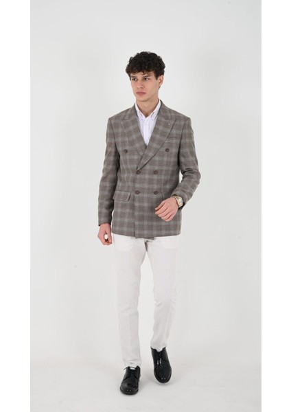Slimfit Erkek Kruvaze Ceket Sivri Yaka Drop 6 Dokuma Kumaş