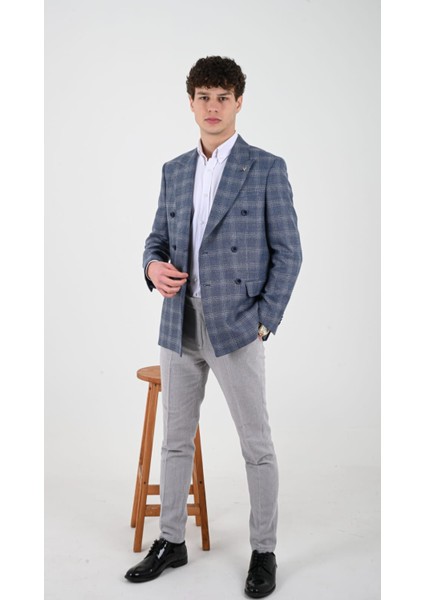 Slimfit Erkek Kruvaze Ceket Sivri Yaka Drop 6 Dokuma Kumaş