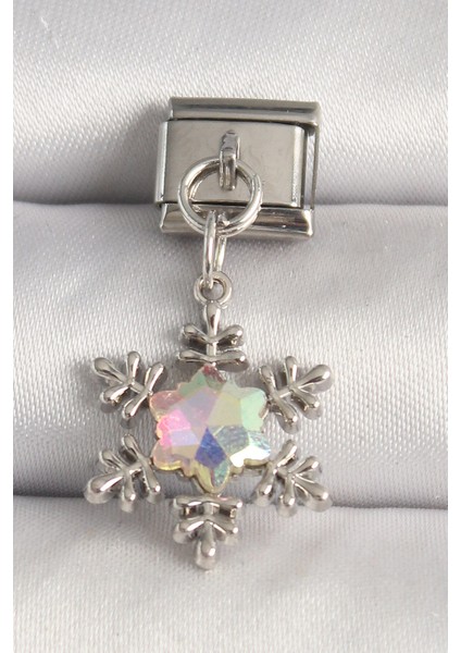 316L Çelik Gümüş Renk Hologram Mineli Kar Tanesi Model Nomination Charm - TJ-BC1272
