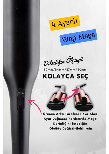 Wag Maşa 4 Ayarlı Siyah Renk Ultra Derin Iri Dalgalar (32MM/34MM/37MM/40MM Ayarlanabilir Özellikli)