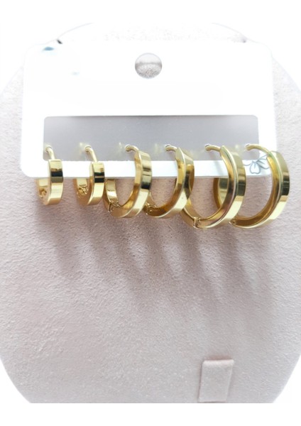 Çelik Küpe 3'lü Sade Köşeli Düz Halka Model Küpe 4 mm Kalınlık Altın Sarısı Gold