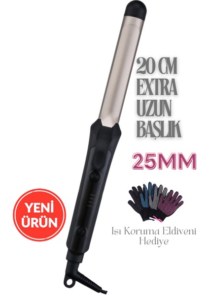 25MM Seramik Kaplama Saç Maşası (Ayarlanabilir Isı , 1 Adet Hediye Eldiven , 20 cm Ekstra Uzun Başlık)