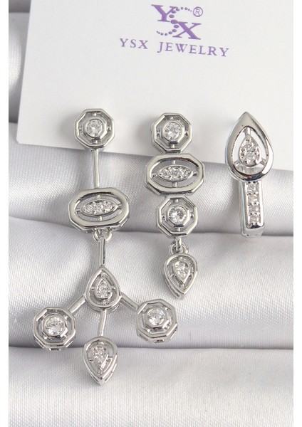 Pirinç Gümüş Renk Zirkon Taşlı Geometrik Model 3'lü Kadın Kombin Küpe - TJ-BKP10434