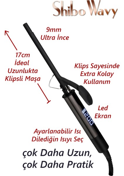 9mm Kıvırcık Ince Saç Maşası ( Afro Dalga ) Klipsli Extra Uzun Başlık 1 Adet Eldiven Hediyeli