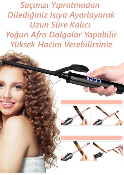 9mm Kıvırcık Ince Saç Maşası ( Afro Dalga ) Klipsli Extra Uzun Başlık 1 Adet Eldiven Hediyeli