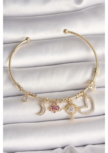 Pirinç Gold Renk Zirkon Taşlı Sallantı Gezegen Model Yıldız Detay Charm Kadın Bileklik - TJ-BB6892