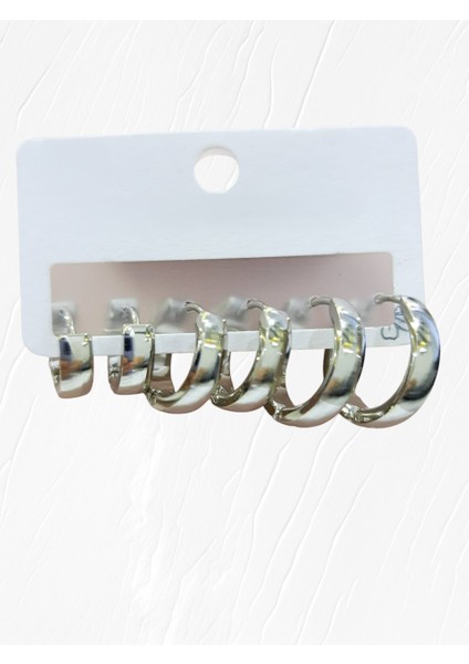 Çelik Küpe 3'lü Sade Köşeli Kavisli Halka Model Küpe 4 mm Kalınlık Gümüş Silver