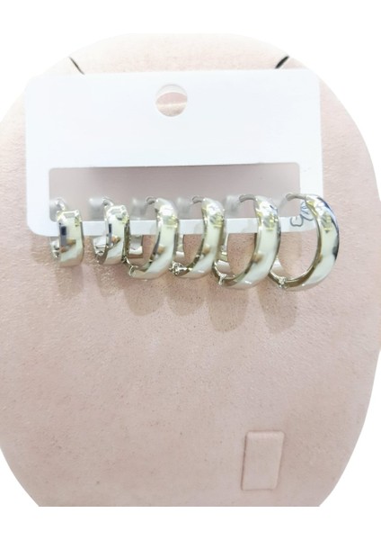 Çelik Küpe 3'lü Sade Köşeli Kavisli Halka Model Küpe 4 mm Kalınlık Gümüş Silver