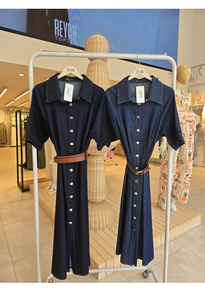 Kısa Kol Düğmeli Denim Elbise - Mavi