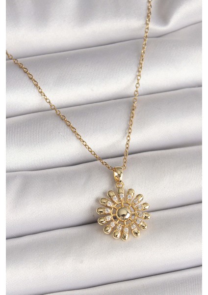 316L Çelik Gold Renk Zincir Zirkon Taşlı Güneş Model Kadın Kolye - TJ-BKO9966