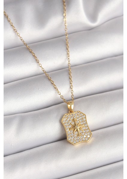 316L Çelik Gold Renk Zincir Zirkon Taşlı Kutup Yıldız Işlemeli Madalyon Model Kadın Kolye - TJ-BKO9942