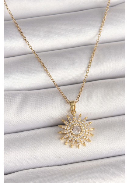316L Çelik Gold Renk Zincir Zirkon Taşlı Güneş Model Kadın Kolye - TJ-BKO9978