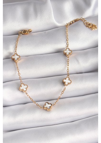 Erb 316L Çelik Gold Renk Beyaz Baby Boy Yonca Model Kadın Bileklik