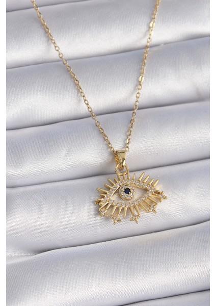 316L Çelik Gold Renk Zirkon Taşlı Göz Model Kadın Kolye - TJ-BKO9435