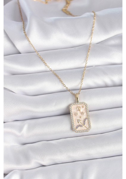 316L Çelik Gold Renk Zincir Yay Burcu Zirkon Taşlı Kadın Kolye - TJ-BKO9464