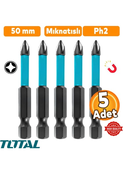 5 Adet Mıknatıslı Bits Uç Ph2 50 mm Vida Sökme 5 cm Yıldız Matkap Vidalama Ucu S2 Çeliği