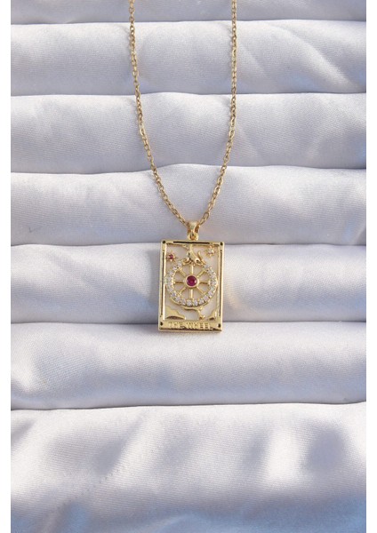 316L Çelik Zincir Gold Renk Pembe Zirkon Taşlı Tarot Kolye - TJ-BKO8982