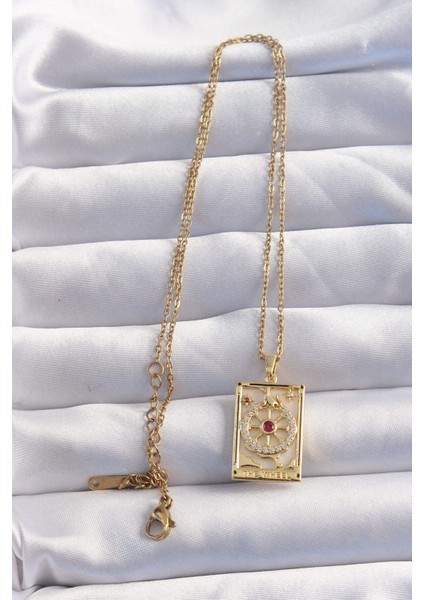 316L Çelik Zincir Gold Renk Pembe Zirkon Taşlı Tarot Kolye - TJ-BKO8982