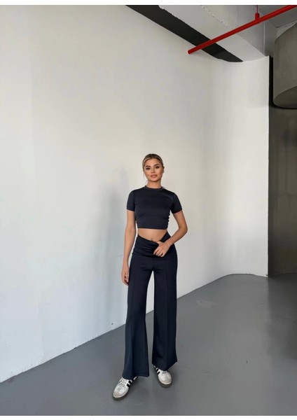 Osy Modal Yumuşak Dokulu Kumaş Kısa Kollu Crop Rahat Pantalon Ikili Takım - Füme