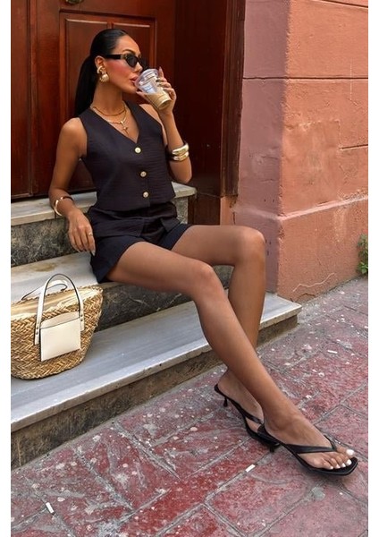Mini Yelekli Şortlu Keten Takım 10176-08