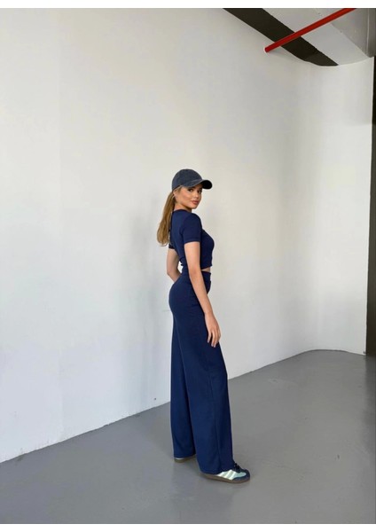 Osy Modal Yumuşak Dokulu Kumaş Kısa Kollu Crop Rahat Pantalon Ikili Takım - Lacivert