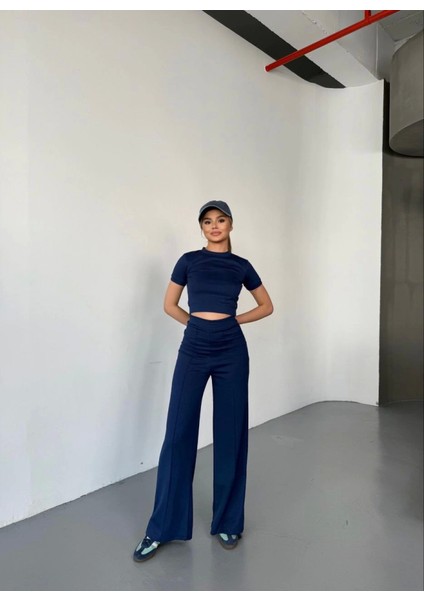 Osy Modal Yumuşak Dokulu Kumaş Kısa Kollu Crop Rahat Pantalon Ikili Takım - Lacivert