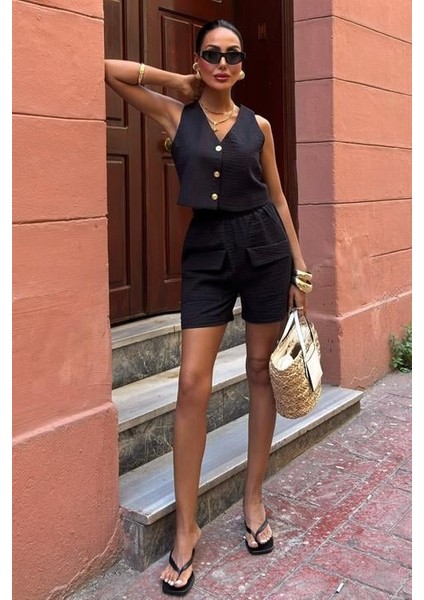 Mini Yelekli Şortlu Keten Takım 10176-08