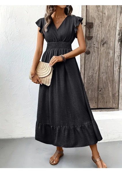 Kadın Kısa Kelebek Kollu Kruvaze Yakalı Beli Lastikli Aerobin Elbise indirimleri