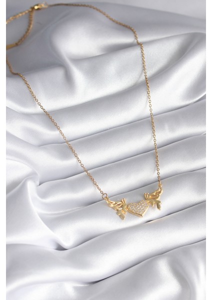 316L Çelik Gold Renk Zirkon Taşlı Kanatlı Kalp Model Kadın Kolye - TJ-BKO8290