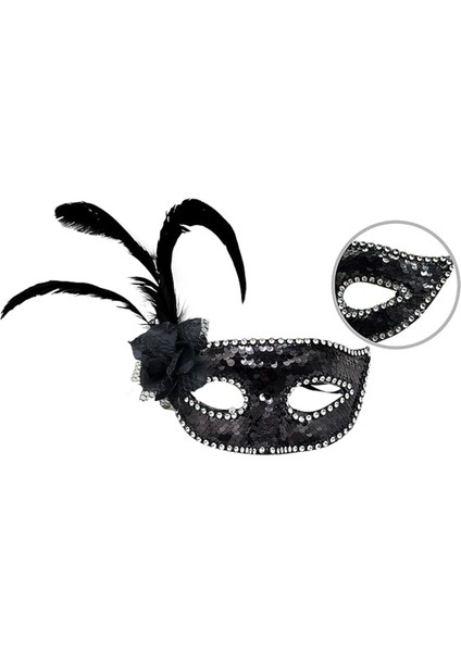 Siyah Renk Yandan Tüylü Güllü Gümüş Taşlı Pullu Maske 20X22 cm