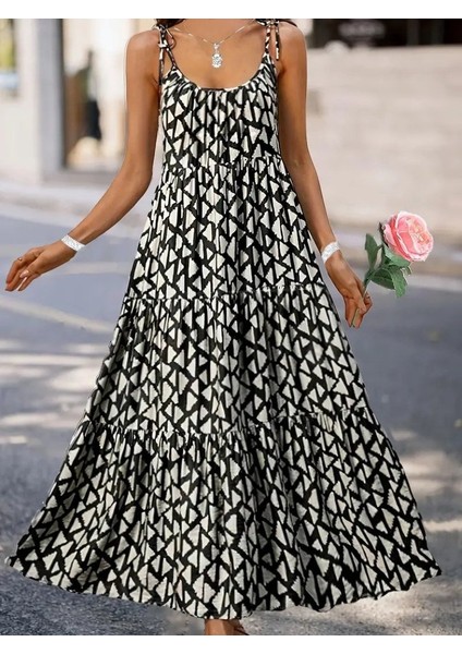 Kadın Askılı Yuvarlak Yaka Fırfırlı Desenli Uzun Bürümcük Elbise modelleri