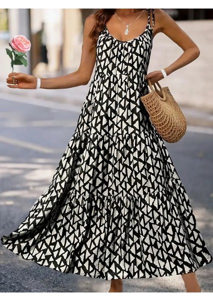 Kadın Askılı Yuvarlak Yaka Fırfırlı Desenli Uzun Bürümcük Elbise fiyatları