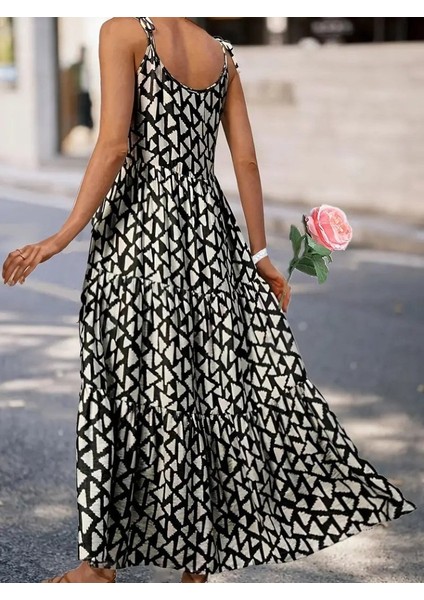 Kadın Askılı Yuvarlak Yaka Fırfırlı Desenli Uzun Bürümcük Elbise indirimleri