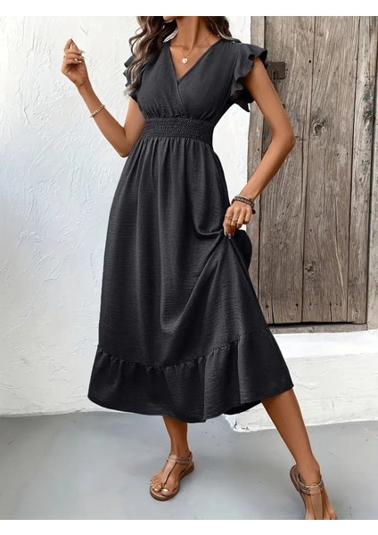 Kadın Kısa Kelebek Kollu Kruvaze Yakalı Beli Lastikli Aerobin Elbise