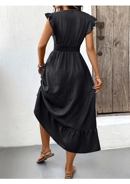 Kadın Kısa Kelebek Kollu Kruvaze Yakalı Beli Lastikli Aerobin Elbise fırsatları