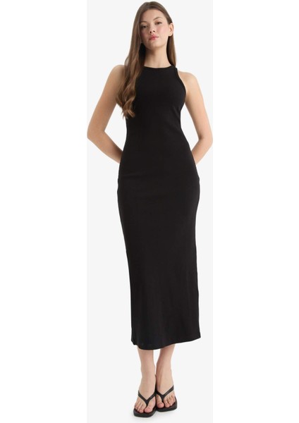 Bodycon Vücudu Saran Halter Yaka Fitilli Kaşkorse Kolsuz Maxi Siyah Yazlık Elbise A4828AX25SM
