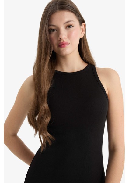 Bodycon Vücudu Saran Halter Yaka Fitilli Kaşkorse Kolsuz Maxi Siyah Yazlık Elbise A4828AX25SM