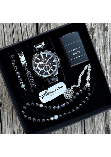 Kişiye Özel Siyah Renk Fonksiyonlu Kol Saati Doğal Taş Tespih ve Bileklik Çakmak Seti HBDK62