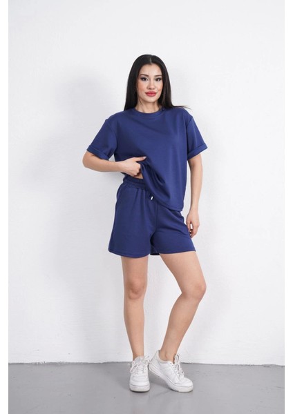 Osy Modal Yumuşak Dokulu Kumaş Bisiklet Yaka T-Shirt Kısa Şort Ikili Takım - Mavi