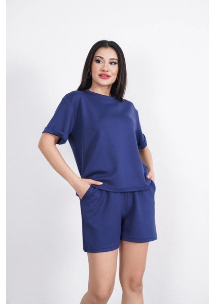 Osy Modal Yumuşak Dokulu Kumaş Bisiklet Yaka T-Shirt Kısa Şort Ikili Takım - Mavi