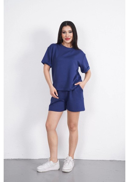 Osy Modal Yumuşak Dokulu Kumaş Bisiklet Yaka T-Shirt Kısa Şort Ikili Takım - Mavi