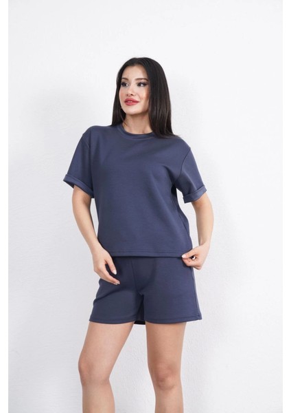 Osy Modal Yumuşak Dokulu Kumaş Bisiklet Yaka T-Shirt Kısa Şort Ikili Takım - Antrasit